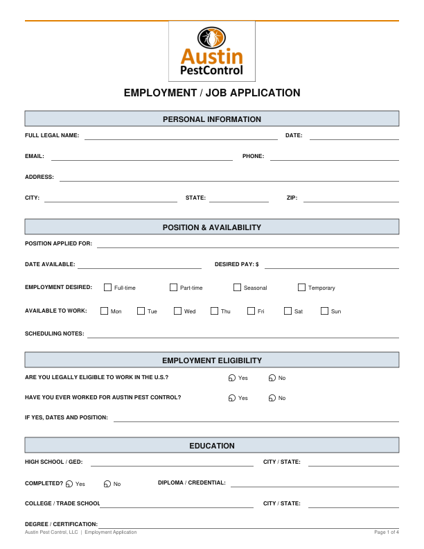 First page preview of the Austin Pest Control employment application